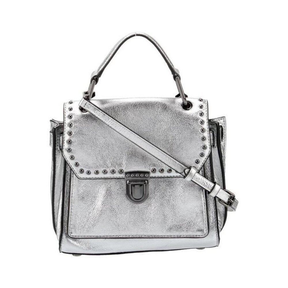 Rebecca Minkoff Metallic Silver Leather Crossbody Bag Studded Push-Lock Purse